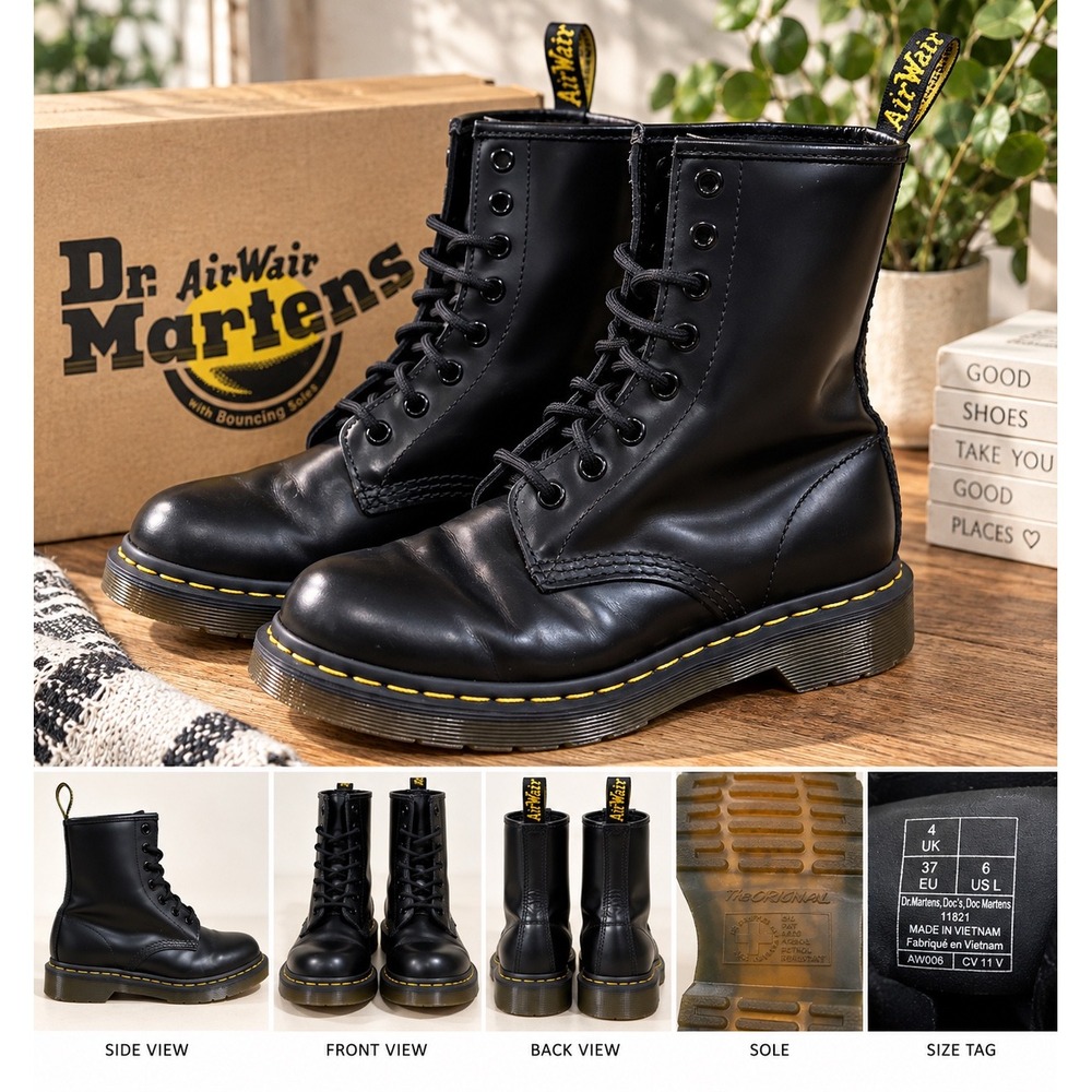 Dr. Martens 1460 Smooth Black Leather 8-Eye Combat Boots Women Size 6 11821